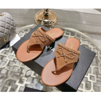 Popular Style Chanel Corduroy Flat Slides Sandal with Chain Bow Brown 2025 CH090110