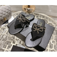 Grade Chanel Corduroy Flat Slides Sandal with Chain Bow Black 2025 CH090110