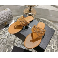 Buy Luxury Chanel Corduroy Flat Slides Sandal with Chain Bow Beige 2025 CH090110