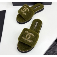 Low Cost Chanel Shearling Flat Slides Sandal with Chain Green 2025 CH090111