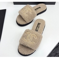 Top Grade Chanel Shearling Flat Slides Sandal with Chain Beige 2025 CH09011