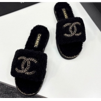 Luxurious Chanel Shearling Flat Slides Sandal with Chain Black 2025 CH090111