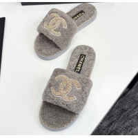 Unique Discount Chanel Shearling Flat Slides Sandal with Chain Grey 2025 CH090111