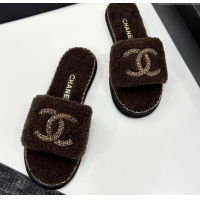 Cheap Chanel Shearling Flat Slides Sandal with Chain Brown 2025 CH090111