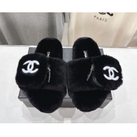 Pretty Style Chanel Wool Flat Slides Sandal with Zip Pouch Black 2025 CH090112