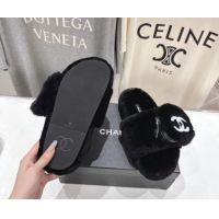 Pretty Style Chanel Wool Flat Slides Sandal with Zip Pouch Black 2025 CH090112