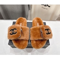 Charming Chanel Wool Flat Slides Sandal with Zip Pouch Brown 2025 CH090112