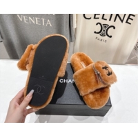 Charming Chanel Wool Flat Slides Sandal with Zip Pouch Brown 2025 CH090112