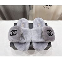 Grade Quality Chanel Wool Flat Slides Sandal with Zip Pouch Grey2 2025 CH090112