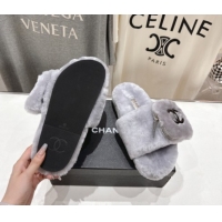 Grade Quality Chanel Wool Flat Slides Sandal with Zip Pouch Grey2 2025 CH090112