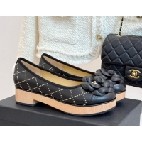 Pretty Style Chanel Quilted Calfskin & Wood-Like Loafers with Studs and Camellia Bloom Black 50901128