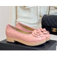Top Design Chanel Quilted Calfskin & Wood-Like Loafers with Studs and Camellia Bloom Light Pink 50901129