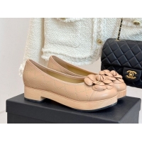Top Grade Chanel Quilted Calfskin & Wood-Like Loafers with Studs and Camellia Bloom Beige 0901130