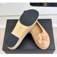 Top Grade Chanel Quilted Calfskin & Wood-Like Loafers with Studs and Camellia Bloom Beige 0901130