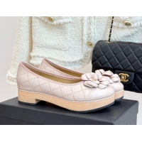 Durable Chanel Quilted Calfskin & Wood-Like Loafers with Studs and Camellia Bloom Pale Pink 50901131