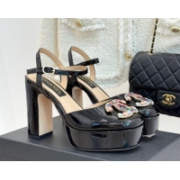 Good Quality Chanel Patent Calfskin Platform Sandals 11cm with Jewel CC Black 2025 CH090115