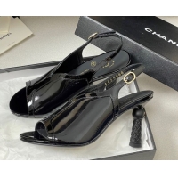 Stylish Chanel Patent Calfskin Leather Heel Sandals 8.5cm Black 2025 G46538