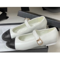 Sophisticated Chanel Lambskin Leather Mary Janes Flats Ballet G45503 White/Black