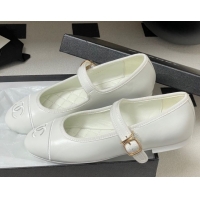 Charming Chanel Lambskin Leather Mary Janes Flats Ballet G45503 White