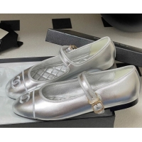 Luxury Chanel Metallic Calfskin Mary Janes Flats Ballet G45503 Silver