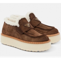 ​Promotional Prada Shearling-lined Suede Platform Loafers P59987 Dark Brown