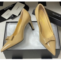 Durable Chanel Crumpled Patent Calfskin Pumps 7.5cm with Bow Beige G46547