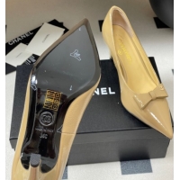 Durable Chanel Crumpled Patent Calfskin Pumps 7.5cm with Bow Beige G46547