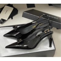 Charming Chanel Crumpled Patent Calfskin Slingbacks 7.5cm with Bow Black G46547