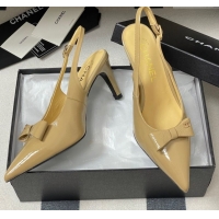 Top Design Chanel Crumpled Patent Calfskin Slingbacks 7.5cm with Bow Beige 2025 G46547