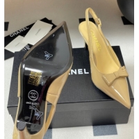 Top Design Chanel Crumpled Patent Calfskin Slingbacks 7.5cm with Bow Beige 2025 G46547
