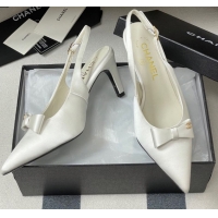 Top Grade Chanel Silk Satin Slingbacks Pumps 7.5cm White G46547