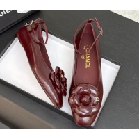 Stylish Chanel Shiny Calfskin Ballet flats with Ankle Strap with Camellia Burgundy 2025 G46520