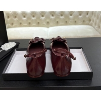 Stylish Chanel Shiny Calfskin Ballet flats with Ankle Strap with Camellia Burgundy 2025 G46520
