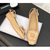 Charming Chanel Shiny Calfskin Ballet flats with Ankle Strap and Camellia White 2025 G46520