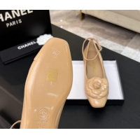 Charming Chanel Shiny Calfskin Ballet flats with Ankle Strap and Camellia White 2025 G46520