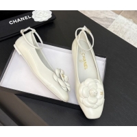 Unique Discount Chanel Shiny Calfskin Ballet flats with Ankle Strap and Camellia White 2025 G46520