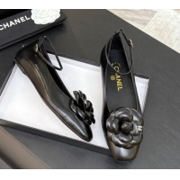 Grade Chanel Shiny Calfskin Ballet flats with Ankle Strap and Camellia Black 2025 G46520