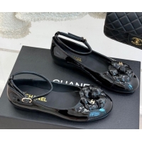 Popular Style Chanel Patent Calfskin Ballet flats with Ankle Strap and Camellia Black 2025 G46520