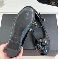 Popular Style Chanel Patent Calfskin Ballet flats with Ankle Strap and Camellia Black 2025 G46520