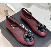 Trendy Design Chanel Lambskin Ballet flats with Ankle Strap and Camellia Burgundy 2025 G46520