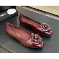 Shop Duplicate Chanel Shiny Calfskin Ballet flats with Camellia Bloom Burgundy 2025 G46520