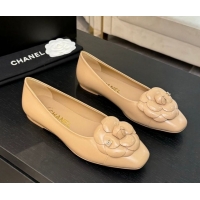 Hot Style Chanel Shiny Calfskin Ballet flats with Camellia Bloom Beige 2025 G46520
