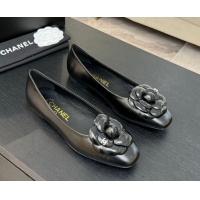 Classic Hot Chanel Shiny Calfskin Ballet flats with Camellia Bloom Black 2025 G46520