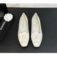 Buy Discount Chanel Shiny Calfskin Ballet flats with Camellia Bloom White 2025 G46520