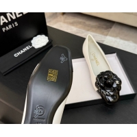 Good Quality Chanel Lambskin & Patent Calfskin Ballet flats with Camellia Bloom White 2025 G46520