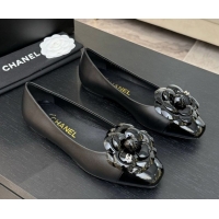 Unique Style Chanel Lambskin & Patent Calfskin Ballet flats with Camellia Bloom Black 2025 G46520