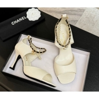 Classic Hot Chanel Lambskin Heel Sandals 8cm with Chain and Pearls White G46658