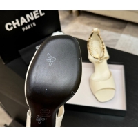 Classic Hot Chanel Lambskin Heel Sandals 8cm with Chain and Pearls White G46658