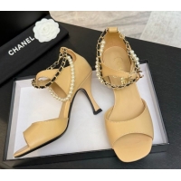 Pretty Style Chanel Lambskin Heel Sandals 8cm with Chain and Pearls Beige G46658