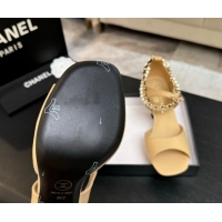Pretty Style Chanel Lambskin Heel Sandals 8cm with Chain and Pearls Beige G46658